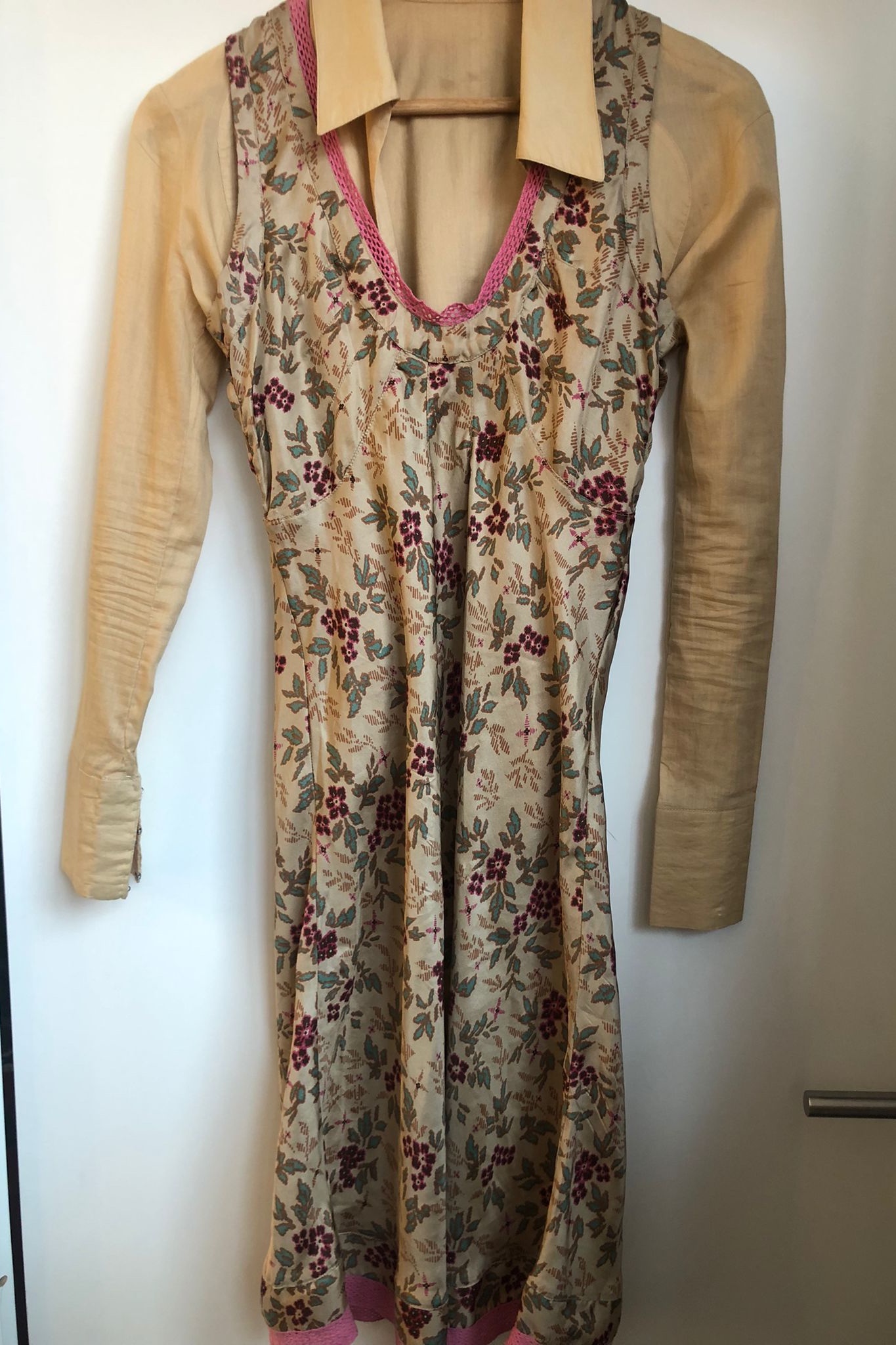 rutzou silk dress Midi Dress Rutzou Silk Dress RUTZOU BEIGE GREY SMALL CHECK PRINT 100% SILK FRILLED HEM BELTED
